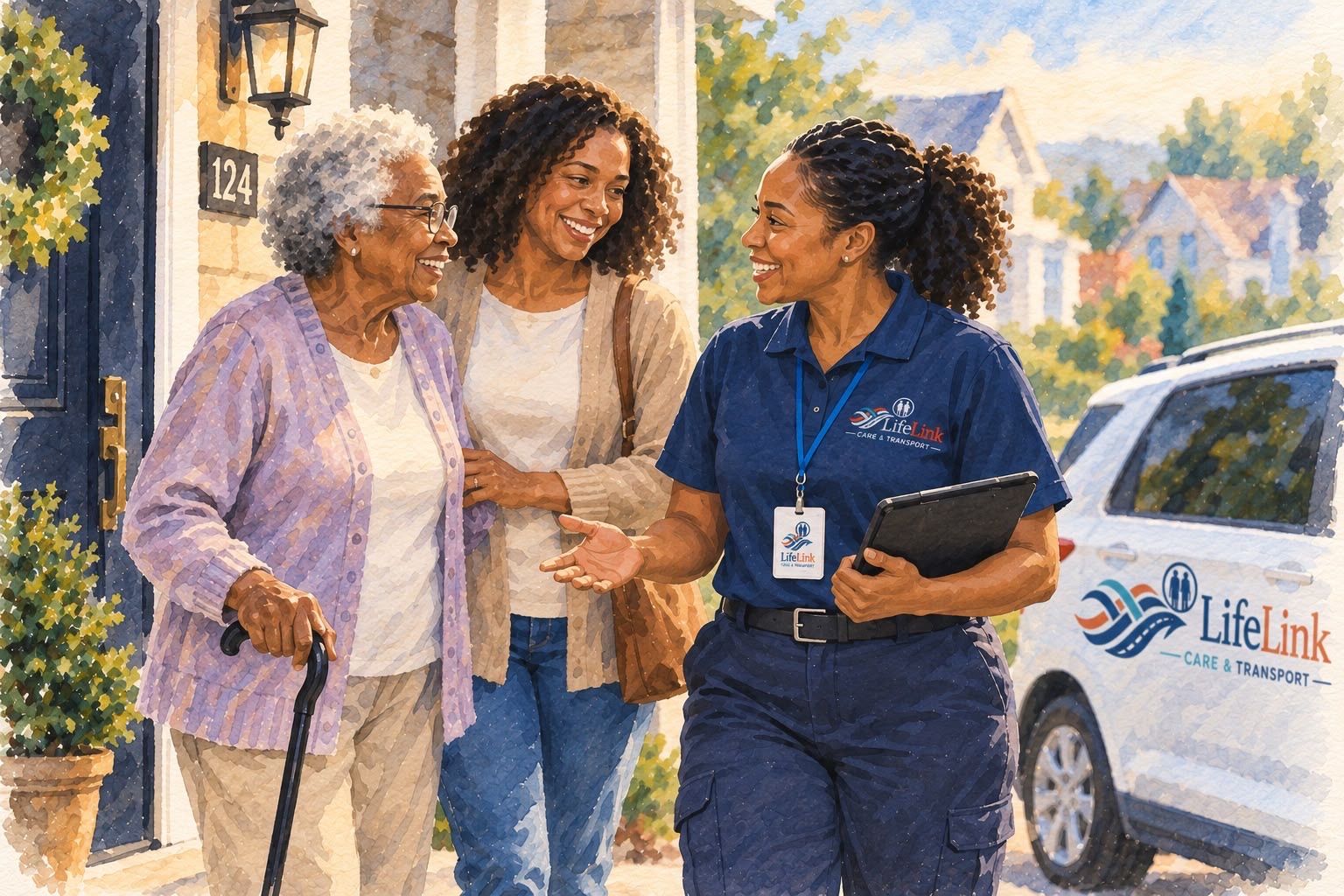 A LifeLink driver greets an older woman and her daughter at their front door, with the LifeLink van waiting in the driveway.